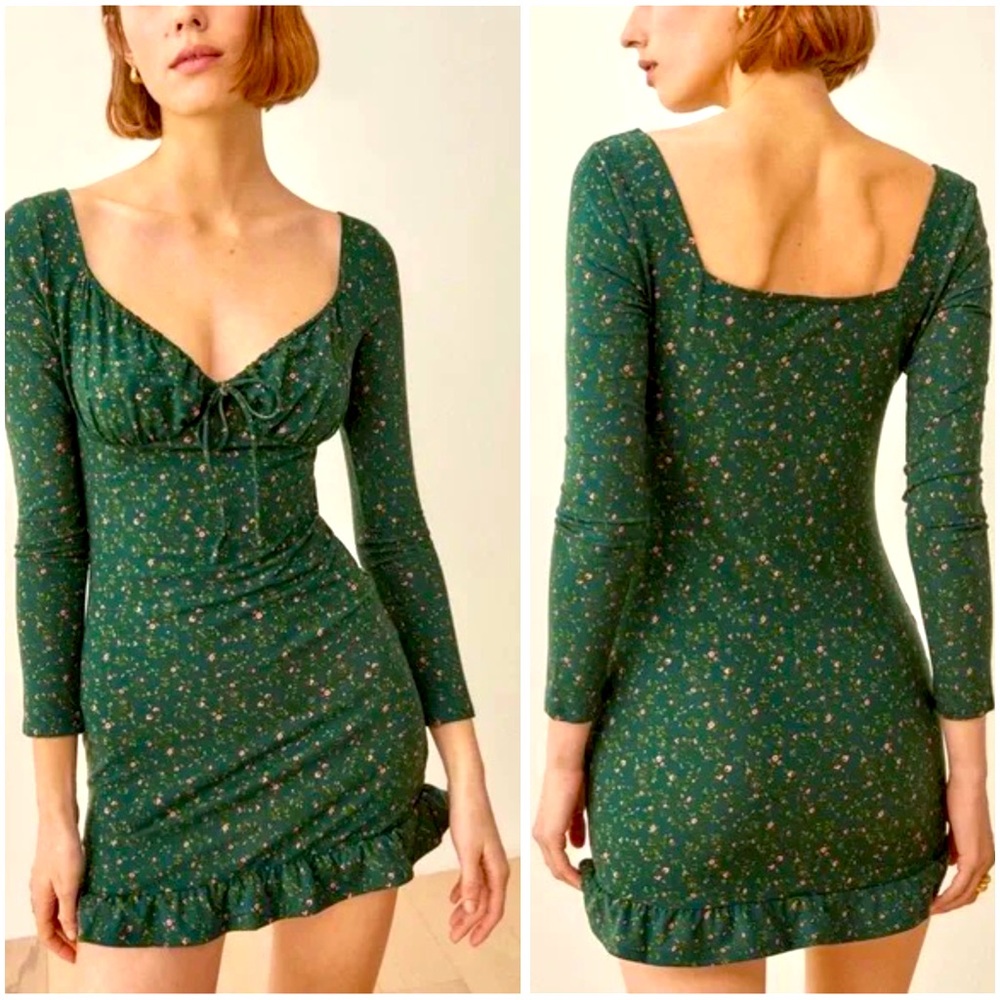 Reformation “Angeline” Green Floral Mini Dress S NWT